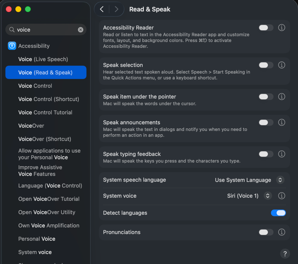 macOS Accessibility settings, Read & Speak pane, with the system voice set to Siri Voice 1
